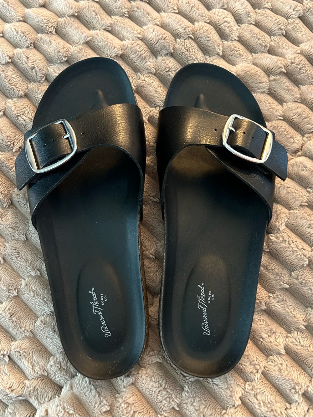 Black Slide Sandals with Silver Buckle